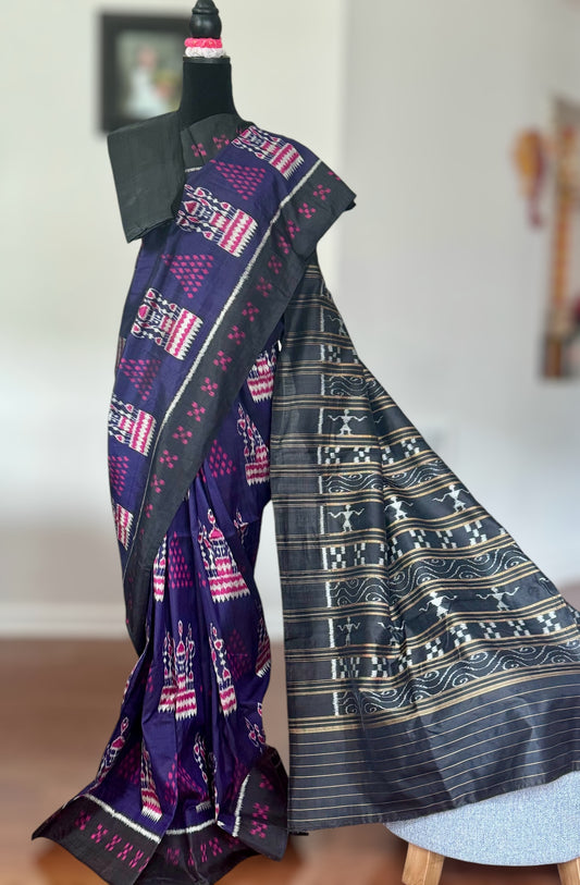 Purple color  Tribal Dance theme Contemporary Ikat Pure Silk Saree|Odisha Weaves