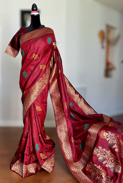 Lovely rust red designer weaved and textured saree with stitched blouse| Value Vogue