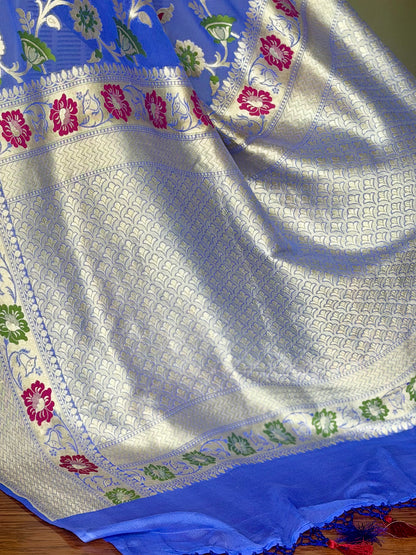 Light lavender-ish blue Banarasi hand woven pure khaddi georgette saree with Tilfi meenakari