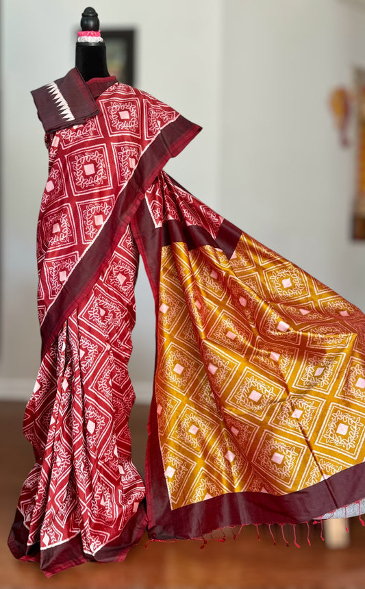 High quality contemporary Ikat Pure silk saree in light rust red