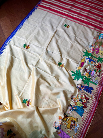 Warm pale yellow Odia Vivaha Pattachitra Berhampuri Pure Silk Saree – Ganga Jamuna Border