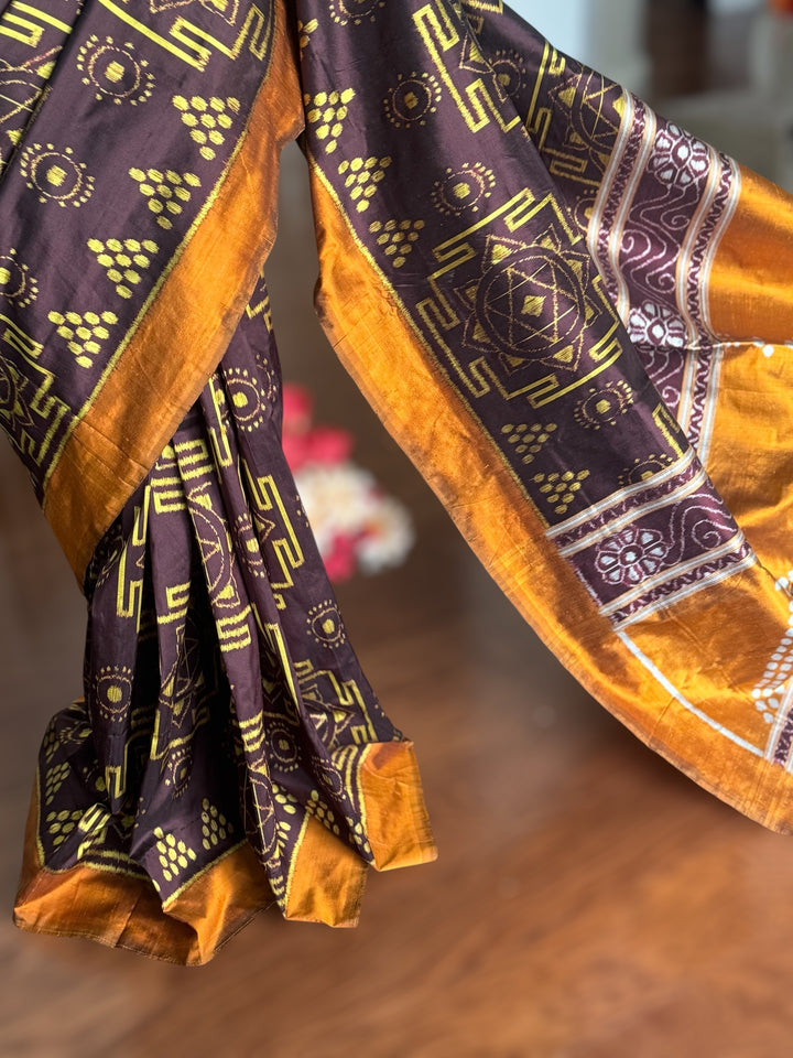 Dark Brown with yellow color handwoven yantra ikat pure silk saree|Odisha Weaves|Contemporary Ikat|