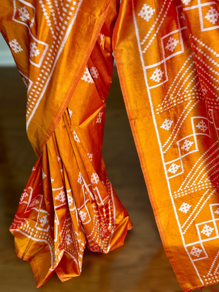 Orange color handwoven ikat pure silk saree|Odisha Weaves|Contemporary Ikat|