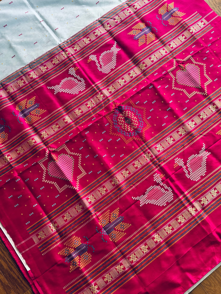 Blueish Grey with Magenta Phoda kumbha Sambalpuri handwoven pure Silk Saree with Dobby weaved Pallu |Odisha Weaves