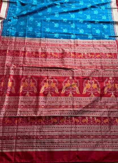 Teal blue and maroon handwoven Sambalpuri thousand motif pure Ikkat silk saree | Odisha Weaves