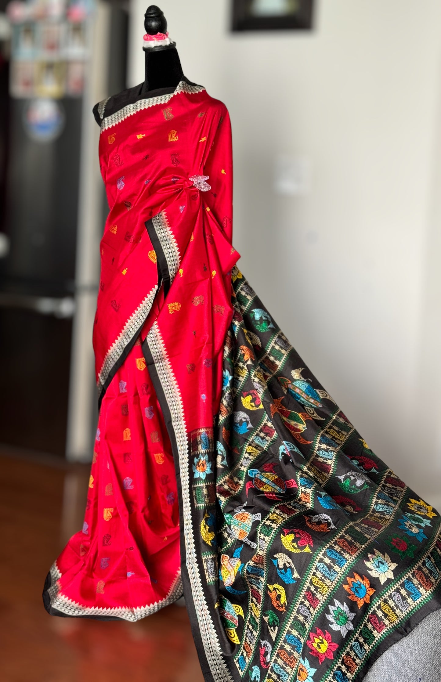 Red color Bomkai Pure Silk Saree with gorgeous turtle motif pallu