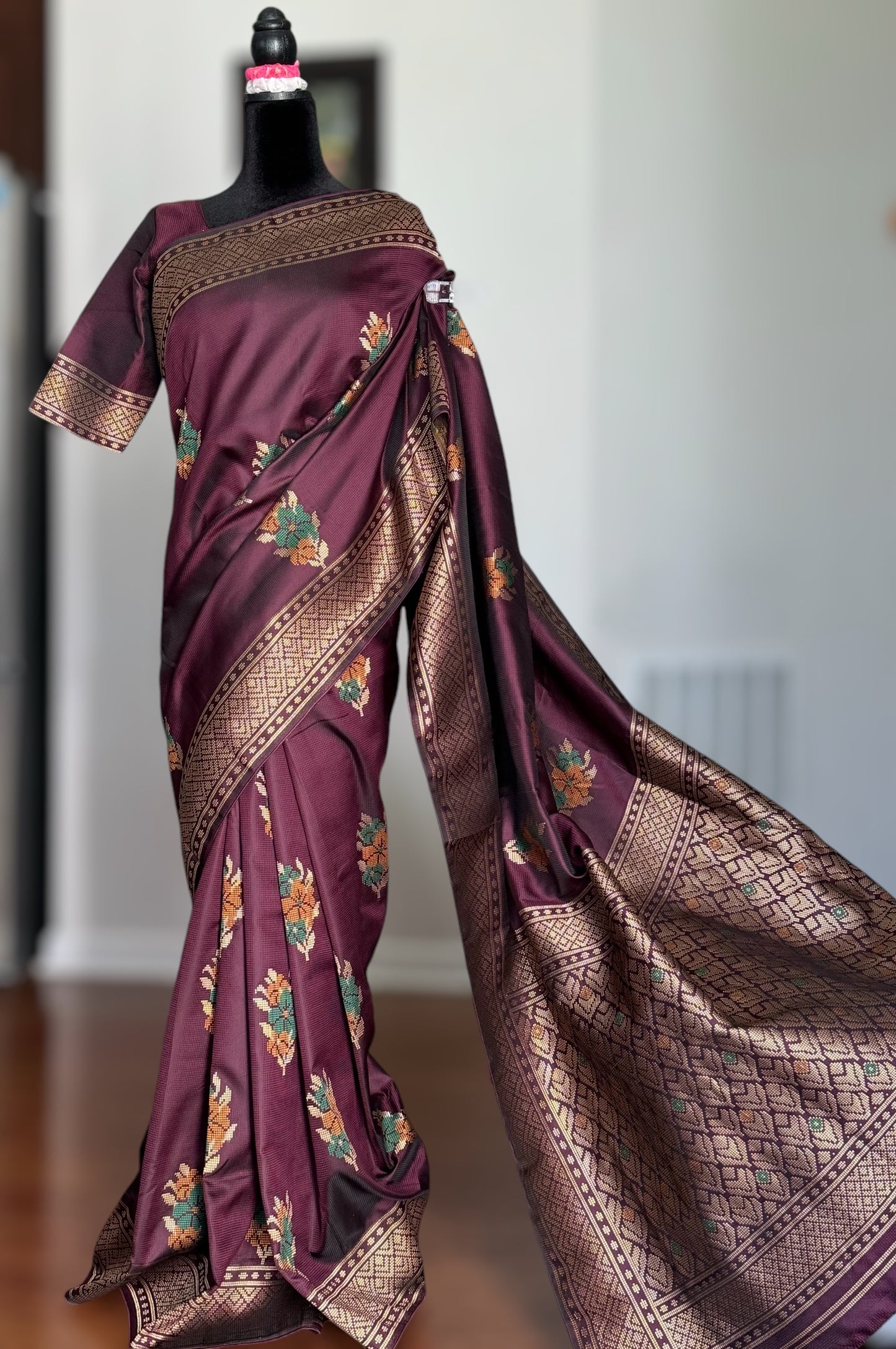 Plum color designer weaved and textured saree with stitched blouse| Value Vogue