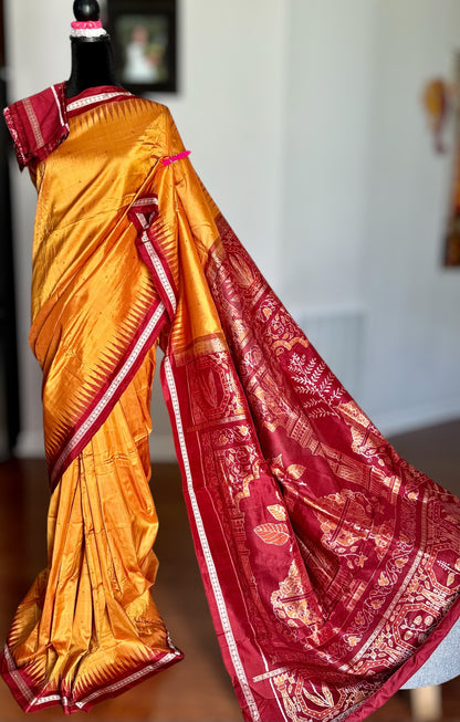 Pale Mustard Yellow Sambalpuri Ikat Pure Silk Saree with “Triphala” Ikat Pallu and Maroon Border