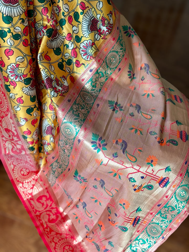 Kalamkari and paithani inspired artificial silk saree with stitched blouse|Value Vogue