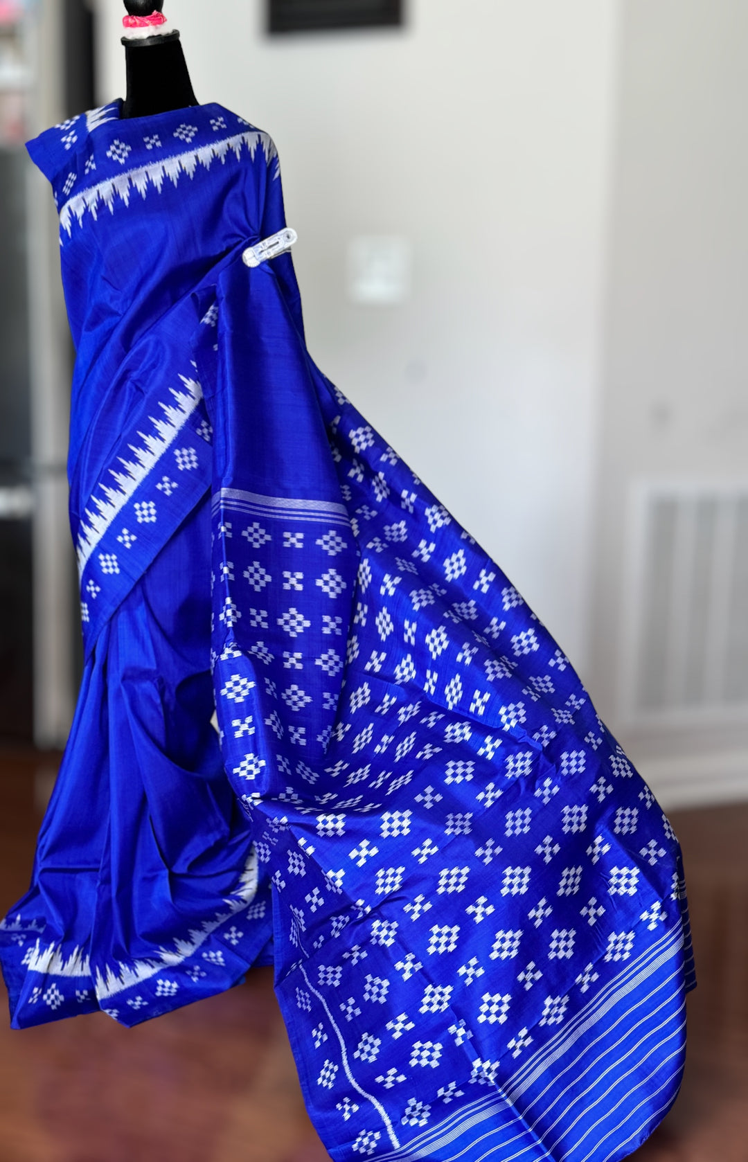 Royal Blue color Contemporary Ikat pure mulberry silk saree with pasapali pallu
