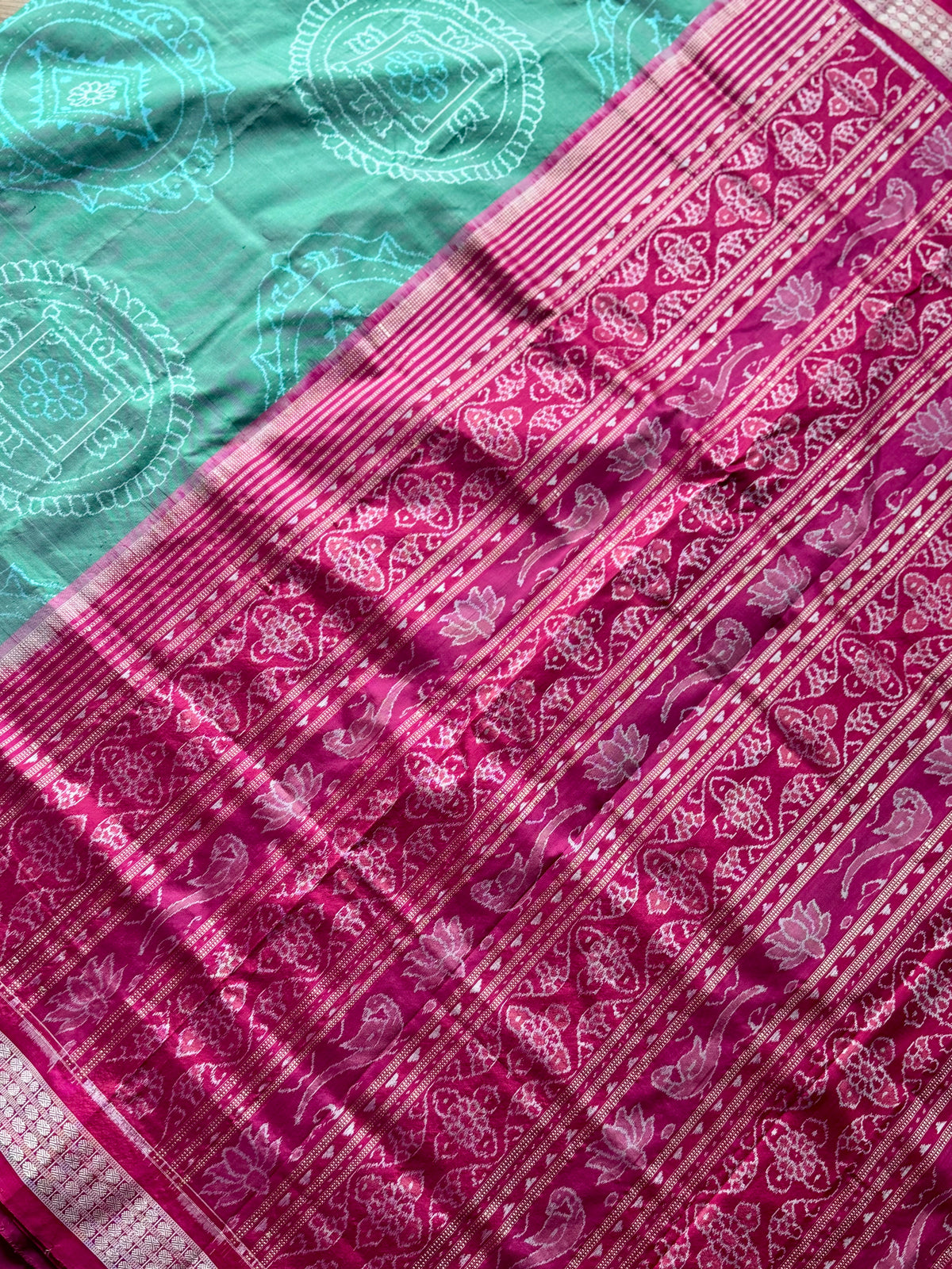 Handwoven Sage green and Pink yantra theme Sambalpuri ikat pure silk saree|Odisha Weaves|