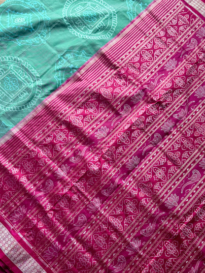 Handwoven Sage green and Pink yantra theme Sambalpuri ikat pure silk saree|Odisha Weaves|