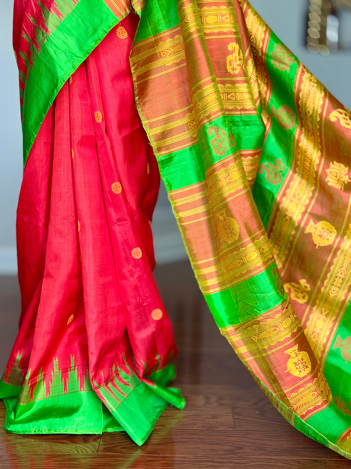 Dark Peach Berhampuri double pallu handwoven  Pure Silk Saree