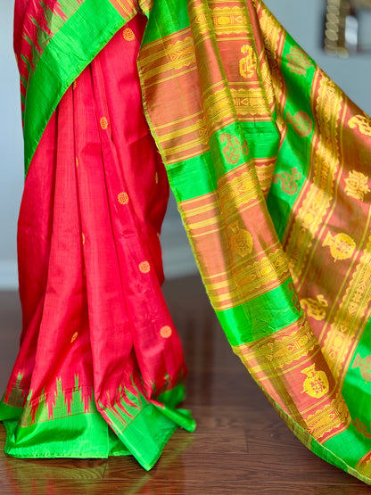 Dark Peach Berhampuri double pallu handwoven  Pure Silk Saree
