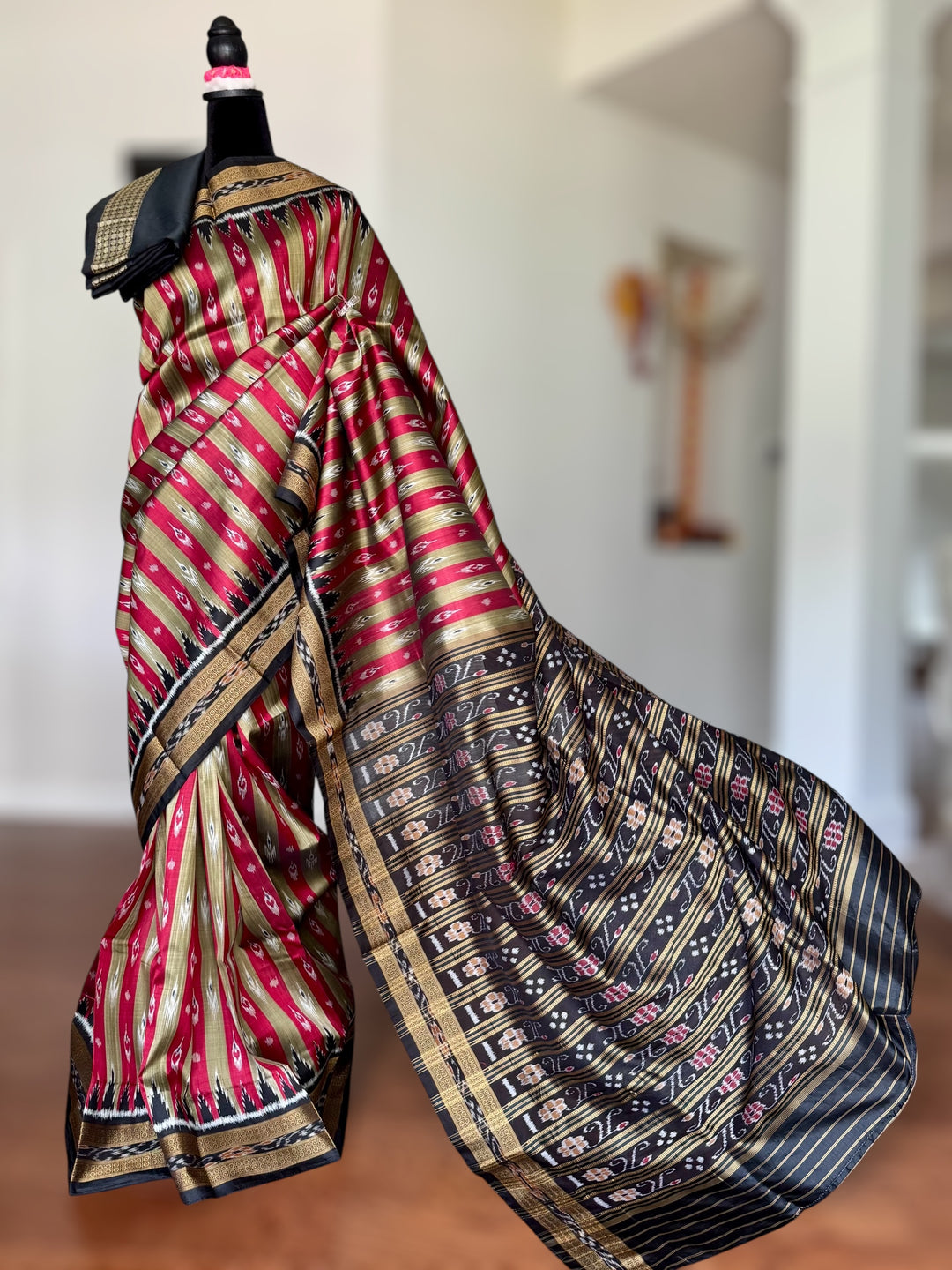 Maroon Beige Chandrika in striped body Contemporary Ikat Pure Silk Saree|Odisha Weaves|Mishrita