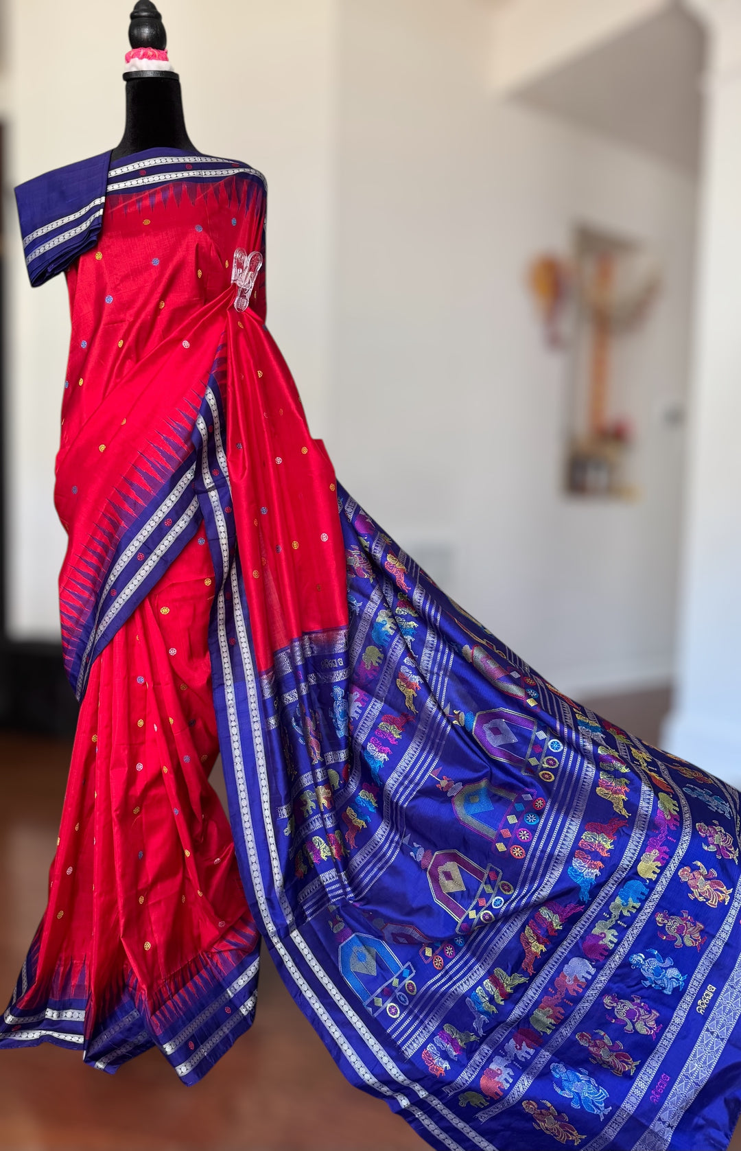 Gorgeous Red with Royal BlueNandighosa pure silk saree from Odisha Weaves| Bomkai|