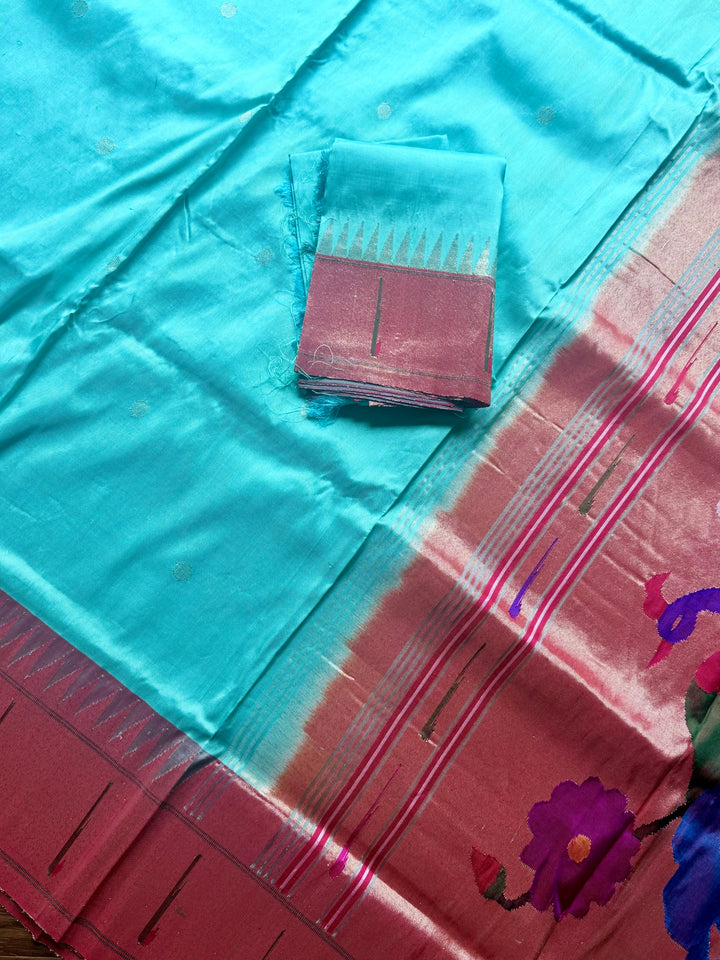 Handwoven Pure Silk Paithani Saree: Peacock Pallu, Aqua Green & Copper Zari