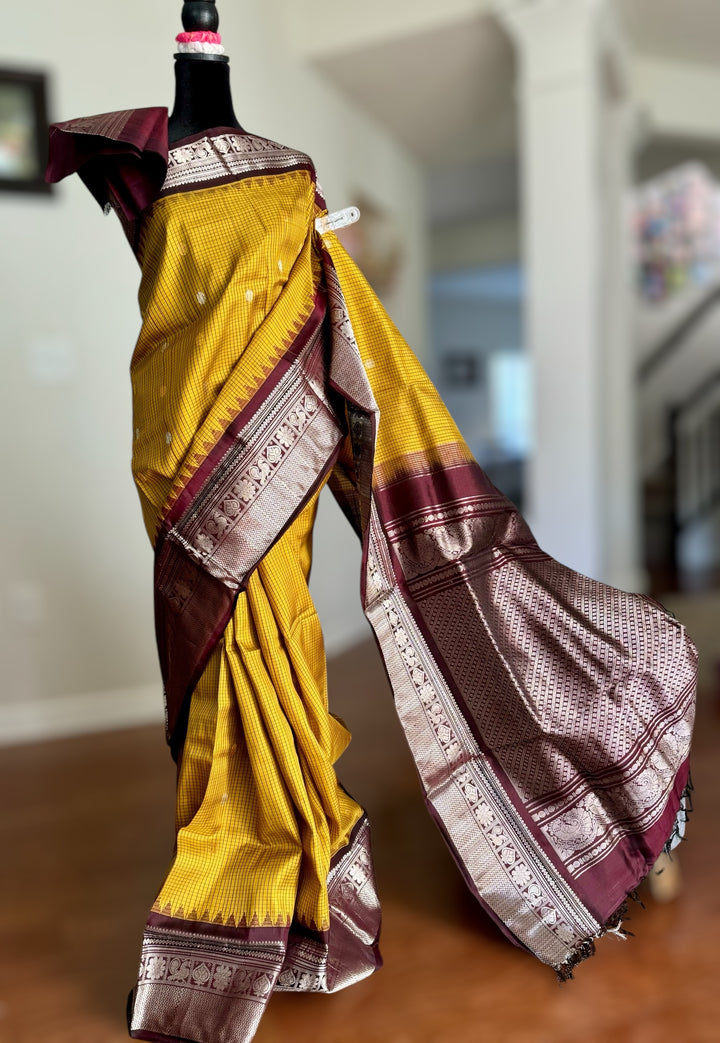 Handwoven Kuttu Gadwal pure Silk Saree in honey mustard color with Checks body