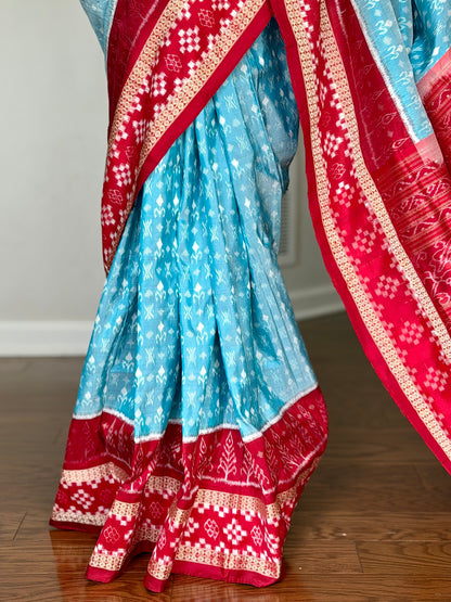 Ice-blue and red handwoven Sambalpuri pure Ikkat silk saree with pasapali border| Odisha Weaves