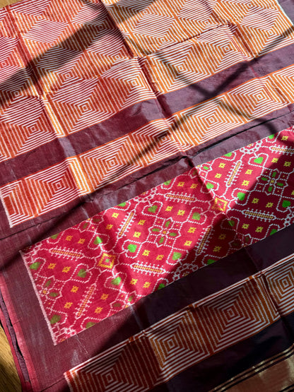 Orange and Brown combination Contemporary ikat pure silk saree with mirror effect body design