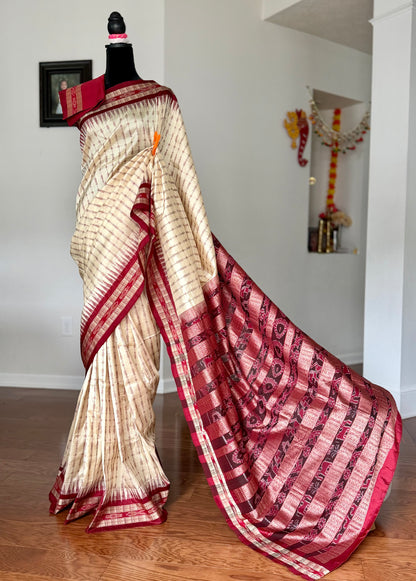 Offwhite (cream) and maroon handwoven Sambalpuri thousand motif pure Ikkat silk saree | Odisha Weaves (Copy)