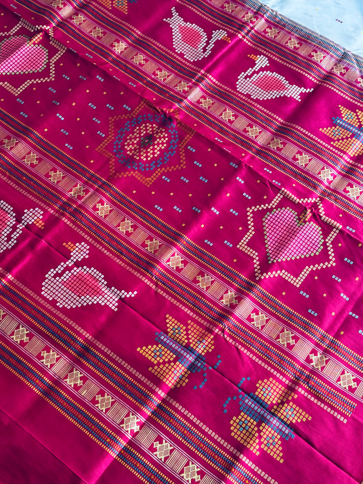 Blueish Grey with Magenta Phoda kumbha Sambalpuri handwoven pure Silk Saree with Dobby weaved Pallu |Odisha Weaves
