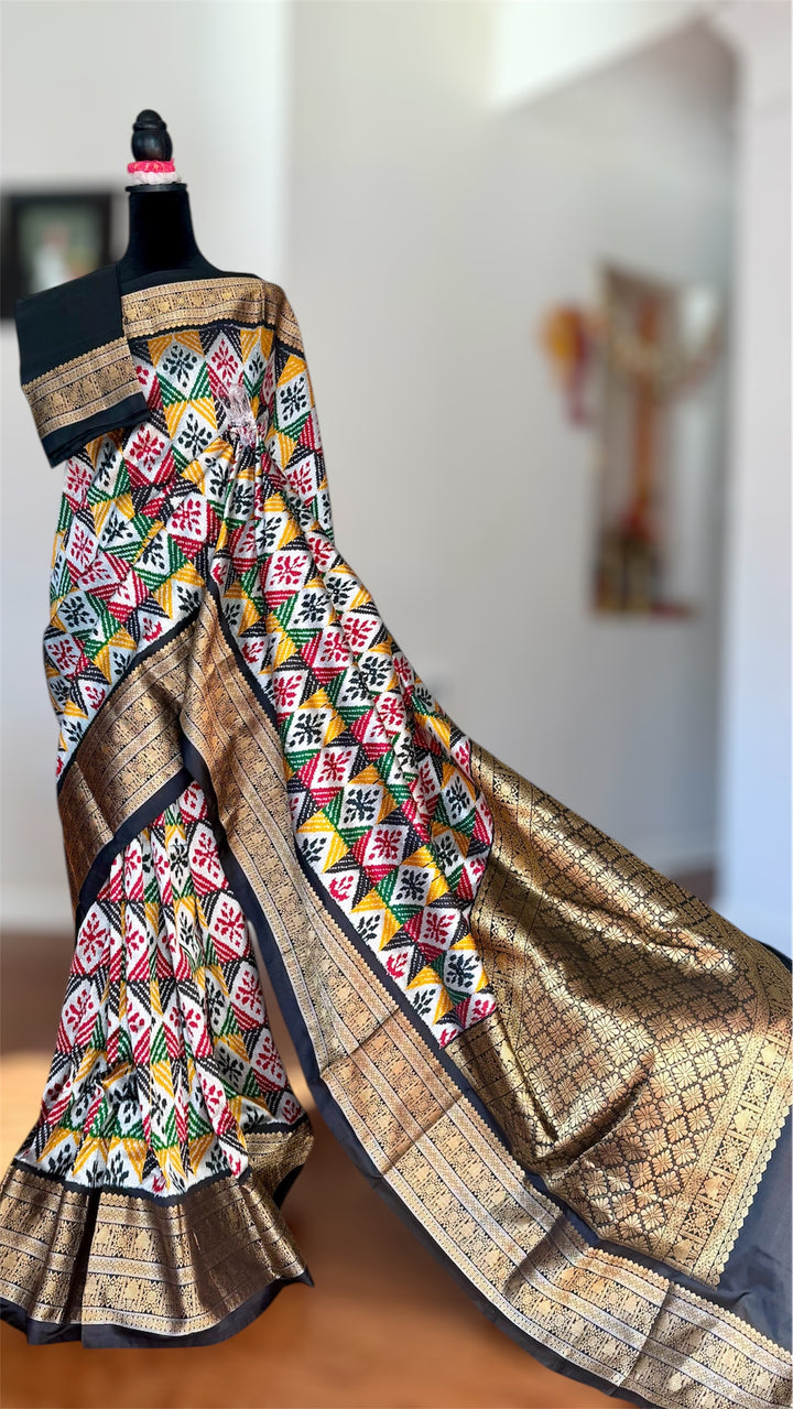 Kanjivaram Ikat Pure Silk Saree with Geometric Motifs(Pochampally)Fusion Silk Saree Unstitched Blouse