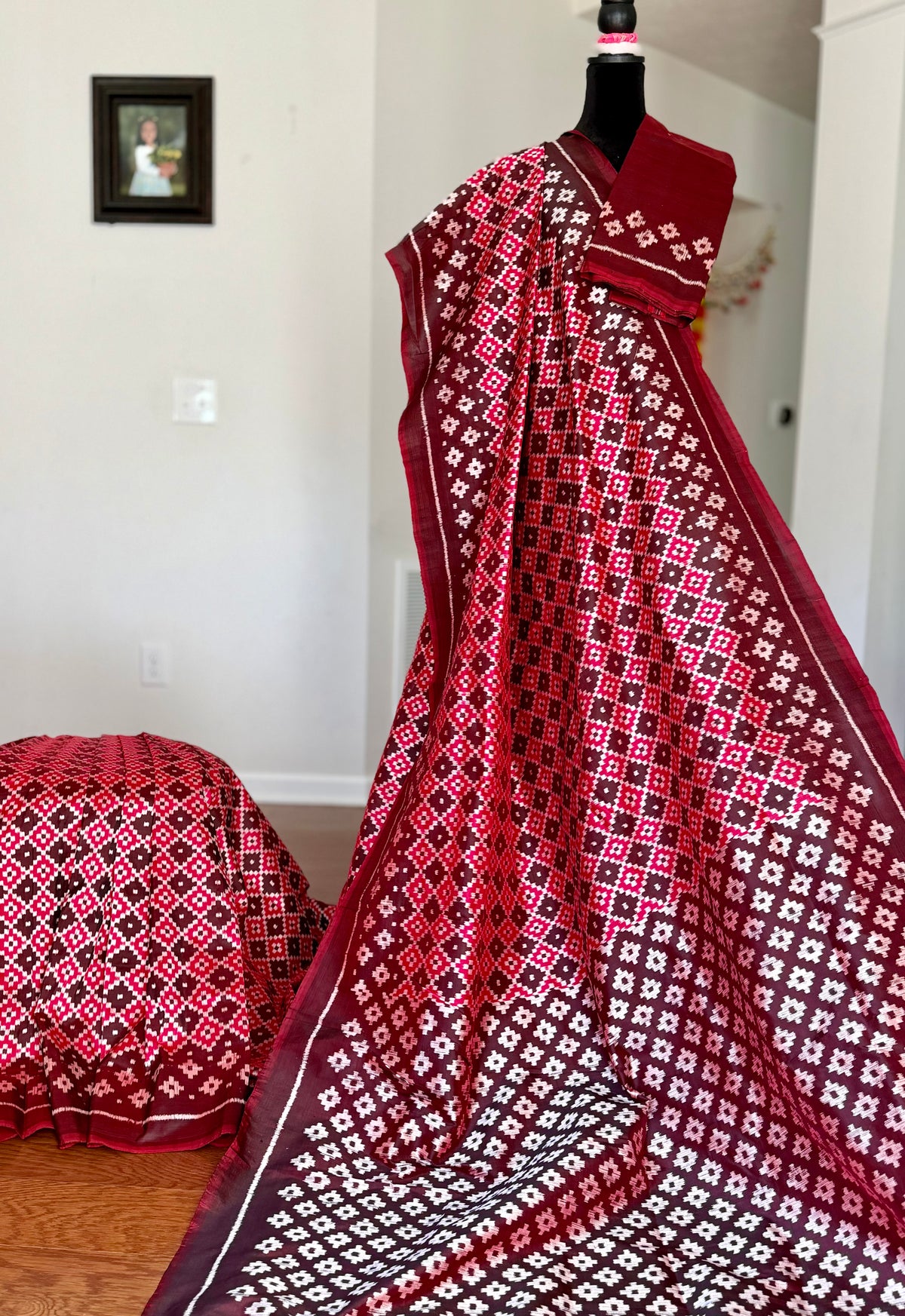 Maroon handwoven ikat pure silk saree with pasapali design|Odisha Weaves|Contemporary Ikat|Antara