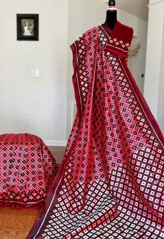 Maroon handwoven ikat pure silk saree with pasapali design|Odisha Weaves|Contemporary Ikat|Antara