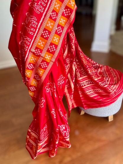 Red color Elegant khandua ikat pure silk saree with Elephant lotus motifs in body and pasapalli border