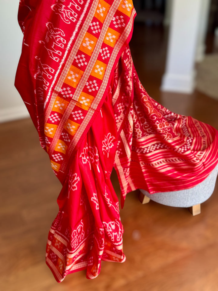 Red color Elegant khandua ikat pure silk saree with Elephant lotus motifs in body and pasapalli border |Odisha Weaves