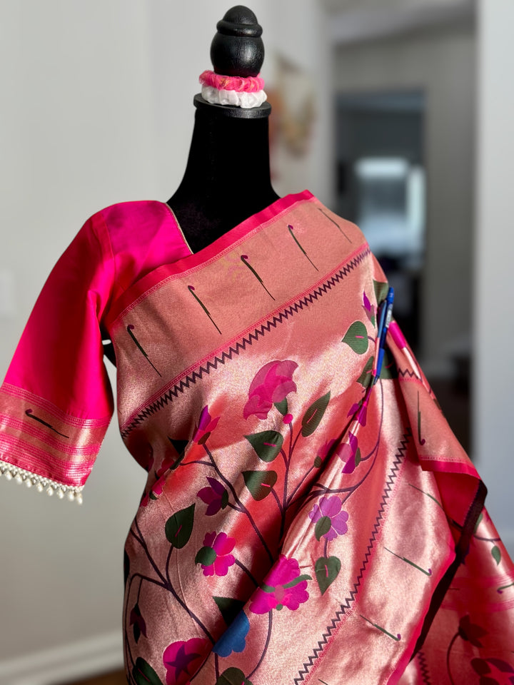 Pink color paithani inspired brocade saree with stitched blouse| Value Vogue