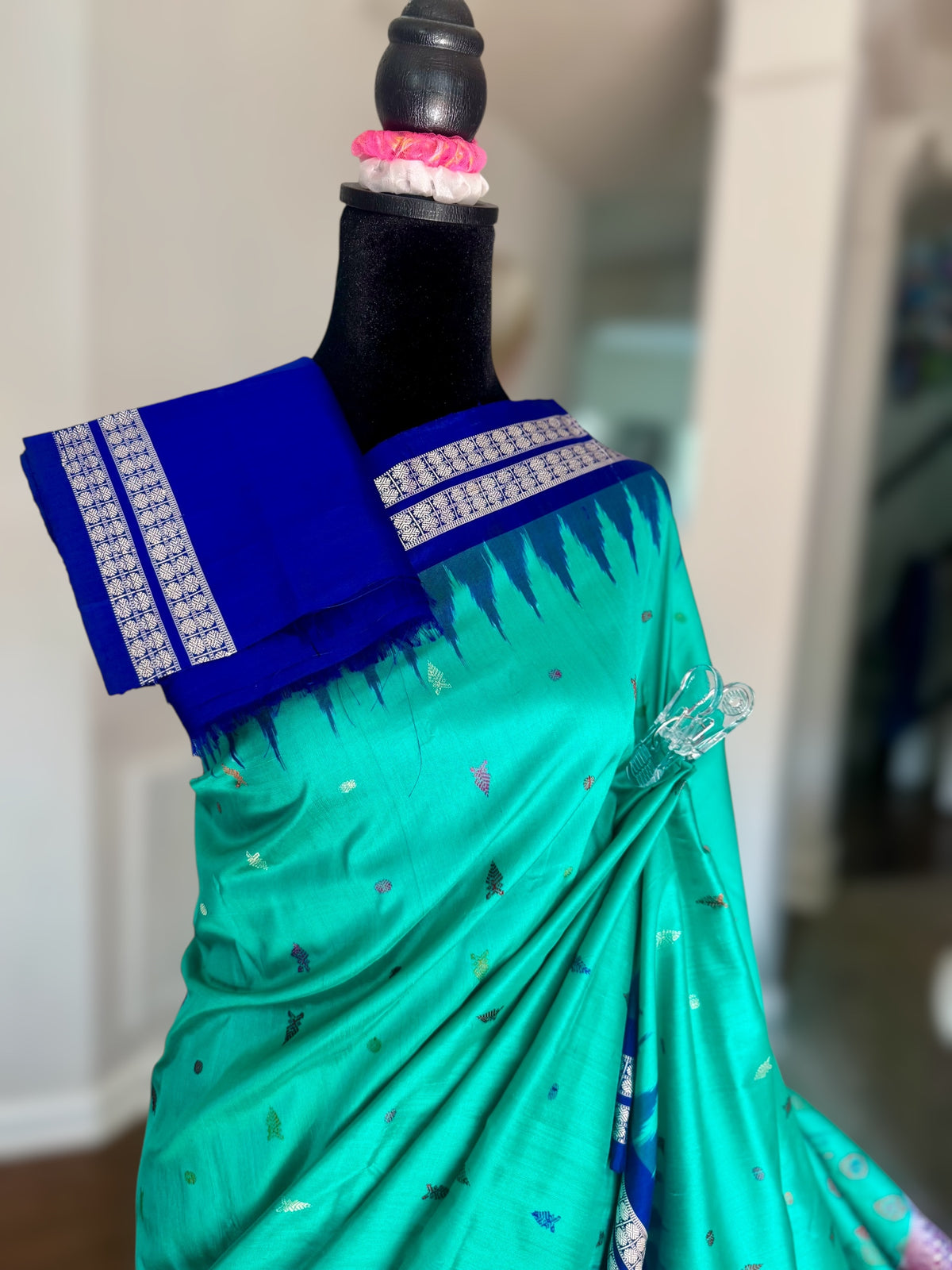 Aquamarine and blue combination master woven Bomkai pure silk saree | Odisha Weaves