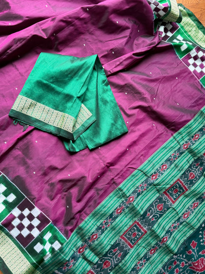 Plum and green combination Sambalpuri pasapali handwoven Ikkat semi-silk saree| Odisha Weaves