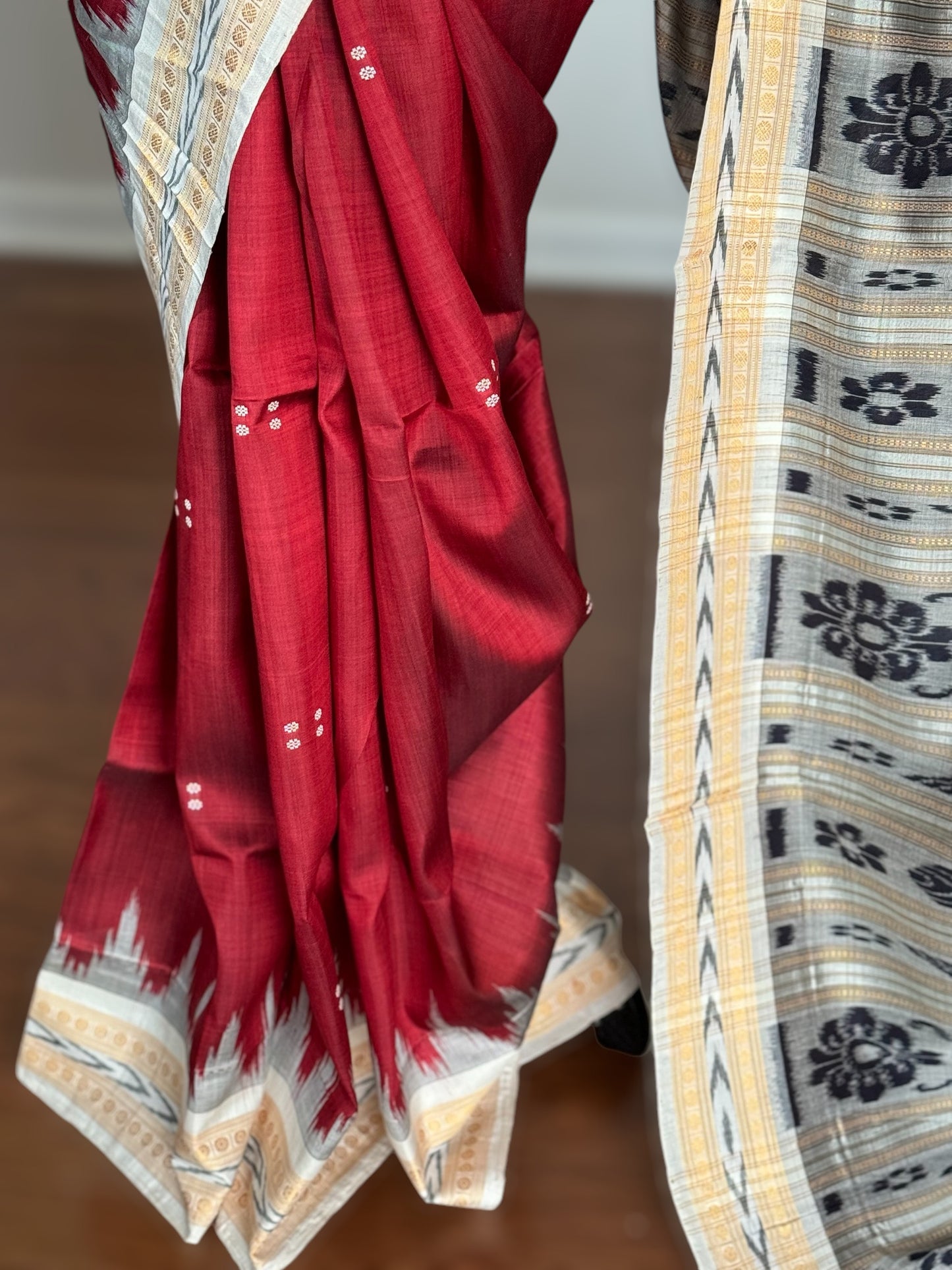 Maroon with cream combination khandua ikat pure silk saree from Odisha Weaves