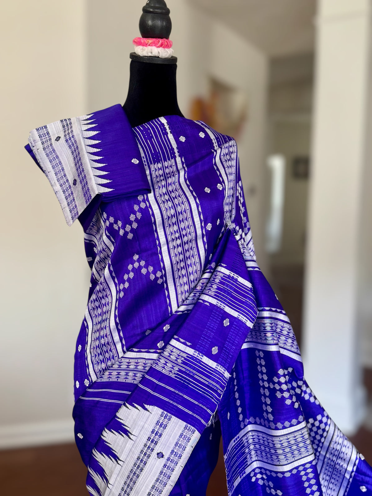 Indigo color traditional weaving Berhampuri Pure Silk Saree with Double pallu