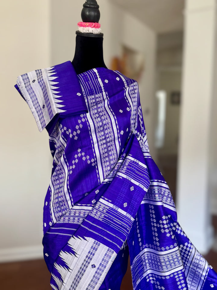 Indigo color traditional weaving Berhampuri Pure Silk Saree with Double pallu