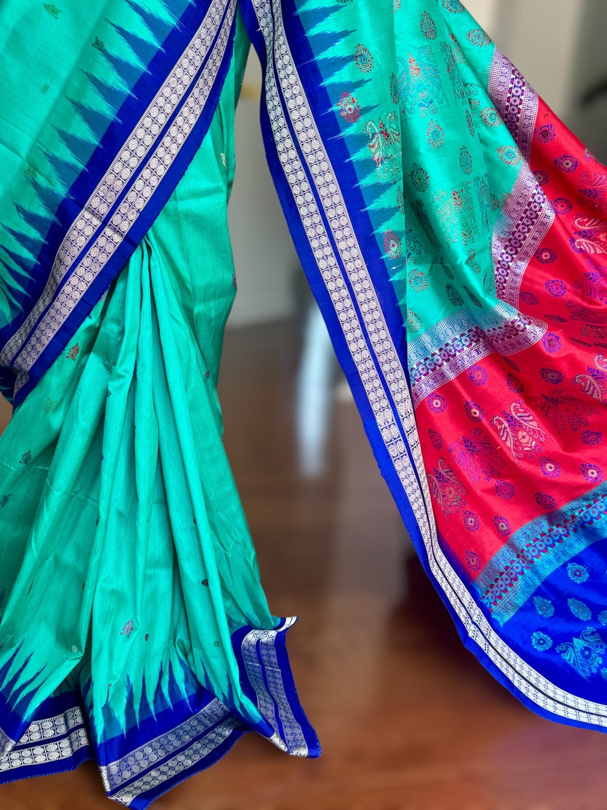 Aquamarine and blue combination master woven Bomkai pure silk saree | Odisha Weaves