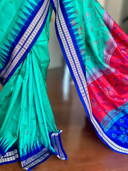 Aquamarine and blue combination master woven Bomkai pure silk saree | Odisha Weaves