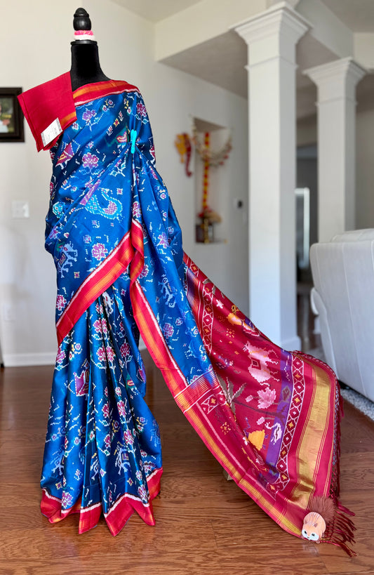 Dark teal blue with Red four-figure single ikat patan Patola pure silk saree (aka semi-double ikat)