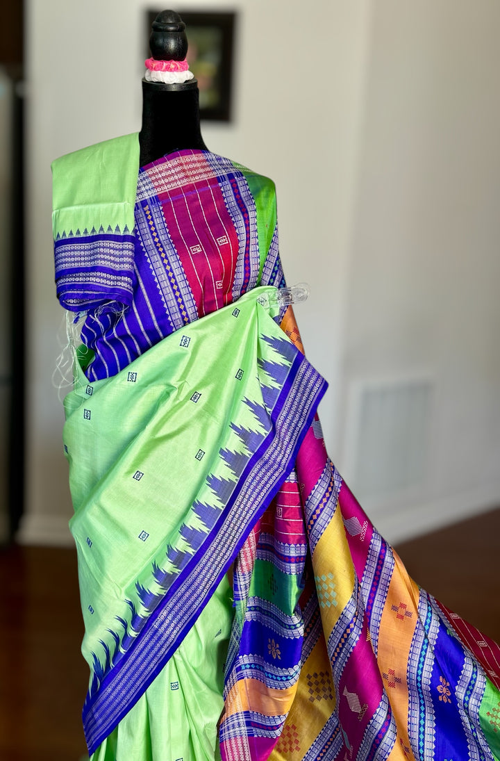 Light Green Berhampuri double pallu pure silk saree from Odisha weaves