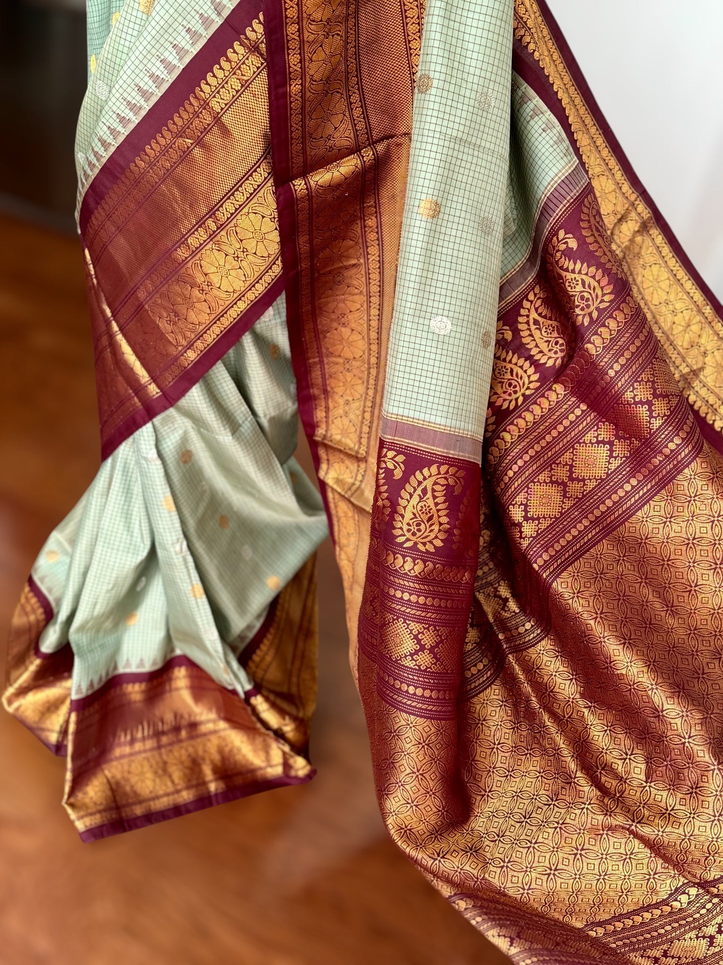 Light Sage Green vintage Checks Gadwal Pure Silk Saree with zari buttas and contrast Maroon border