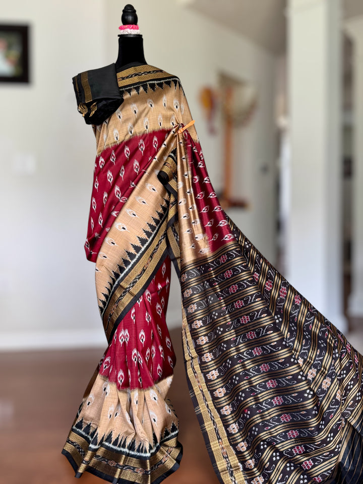 Maroon Beige Chandrika body Contemporary Ikat Pure Silk Saree|Odisha Weaves|Mishrita