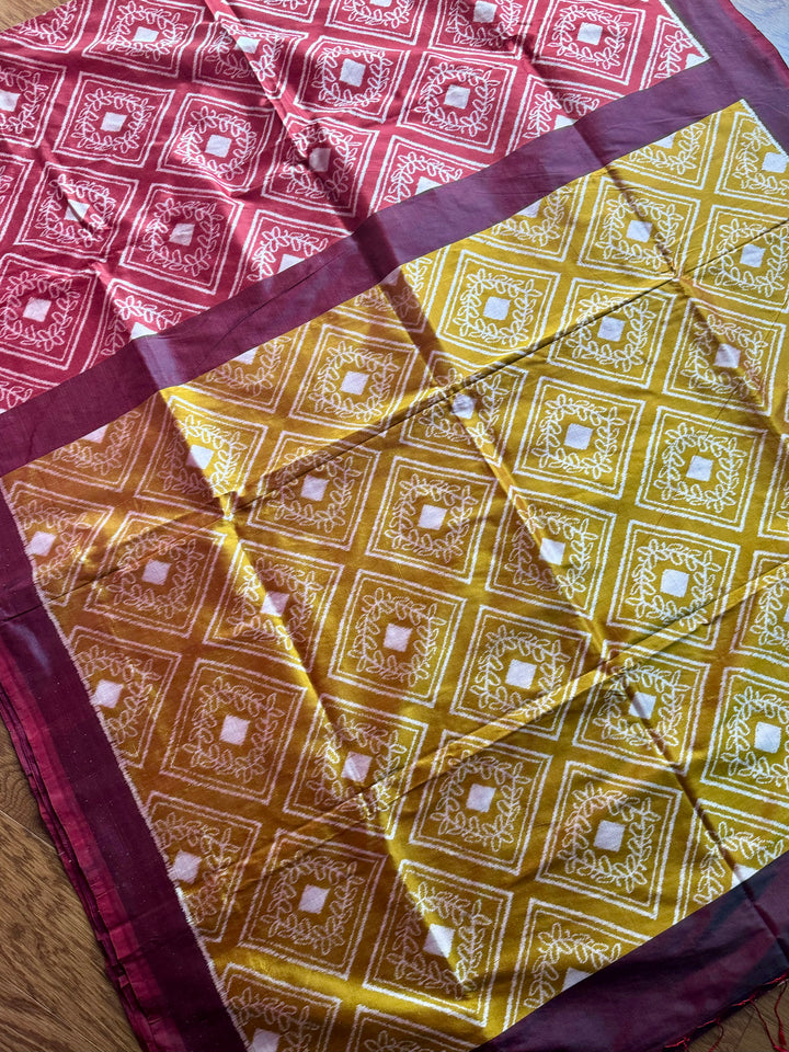 High quality contemporary Ikat Pure silk saree in light rust red