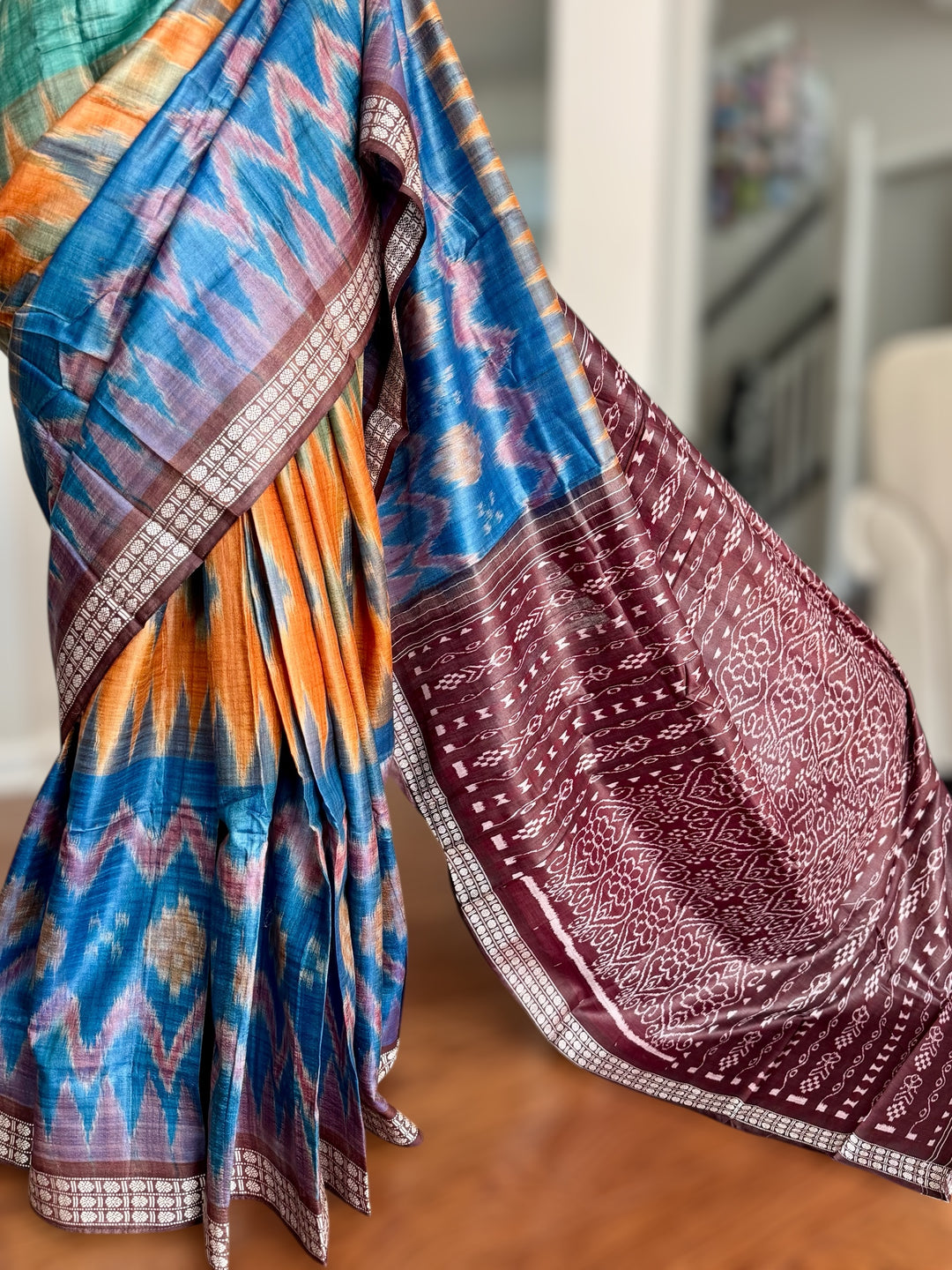 Multi colored Gopalpur handwoven pure Tussar silk saree with ikat pallu|Odisha weaves