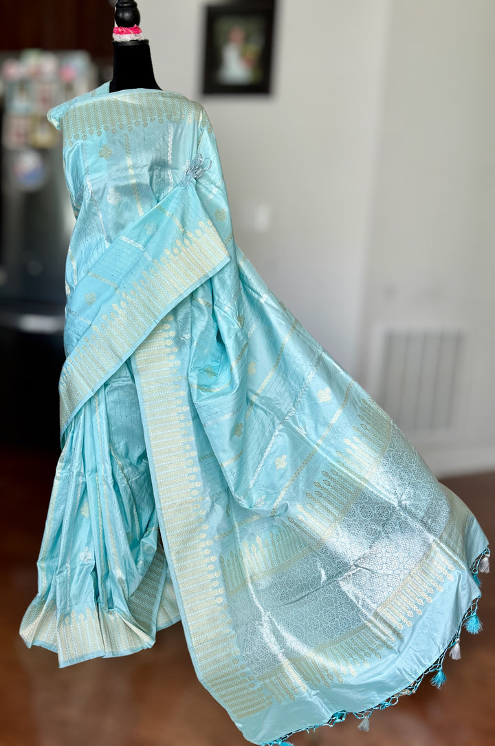 Icy Blue color Banarasi pure katan silk saree with kadhua work along with artistic meenakari bundis