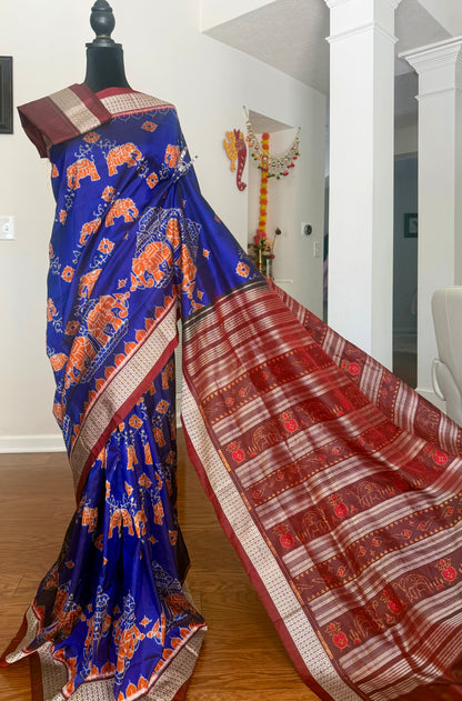Blue & Maroon Sambalpuri Handwoven Ikat Elephant Motif pure silk Saree | Odisha weaves
