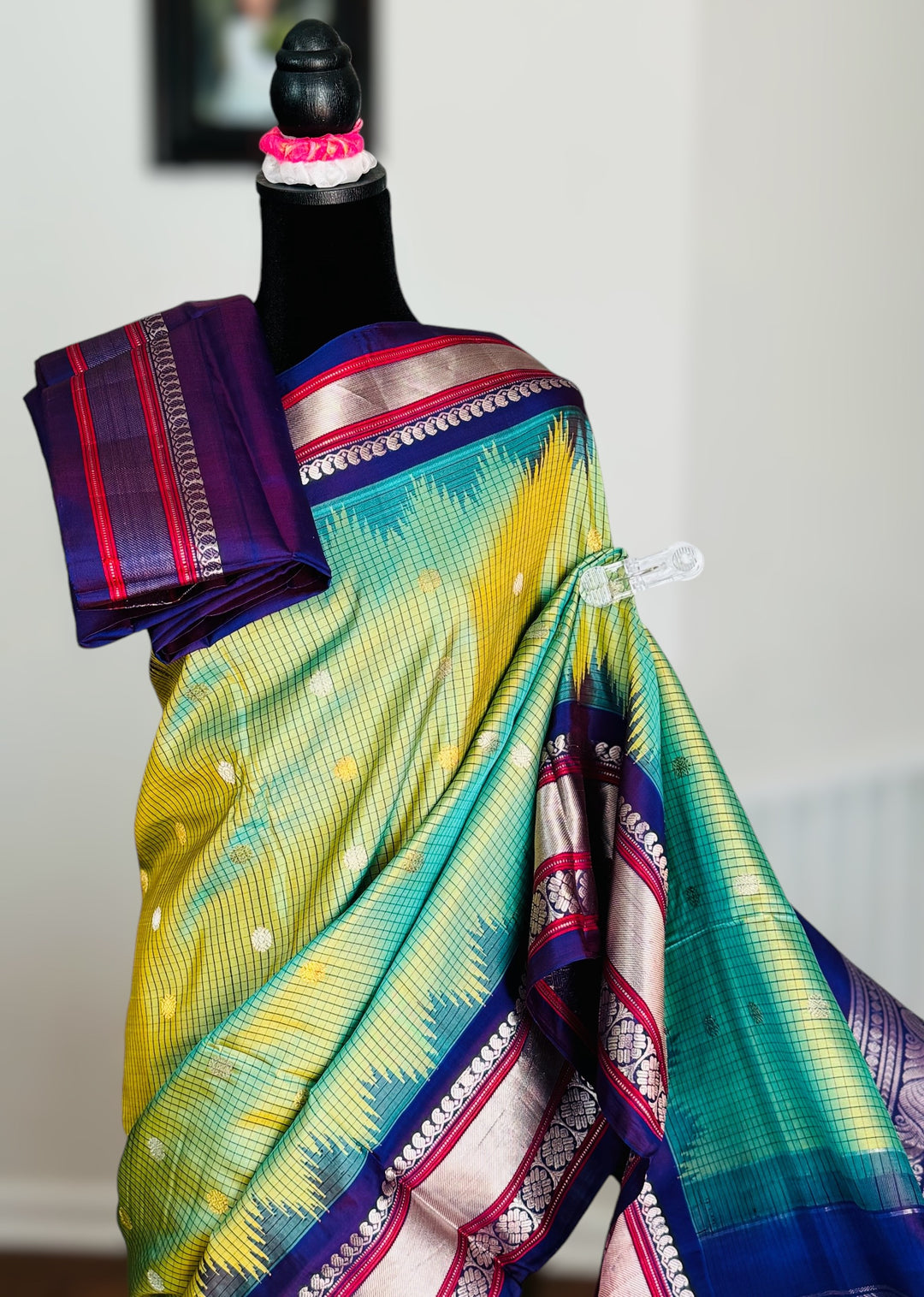Light Green vintage Checks Gadwal Pure Silk Saree with zari buttas and contrast Indigo border