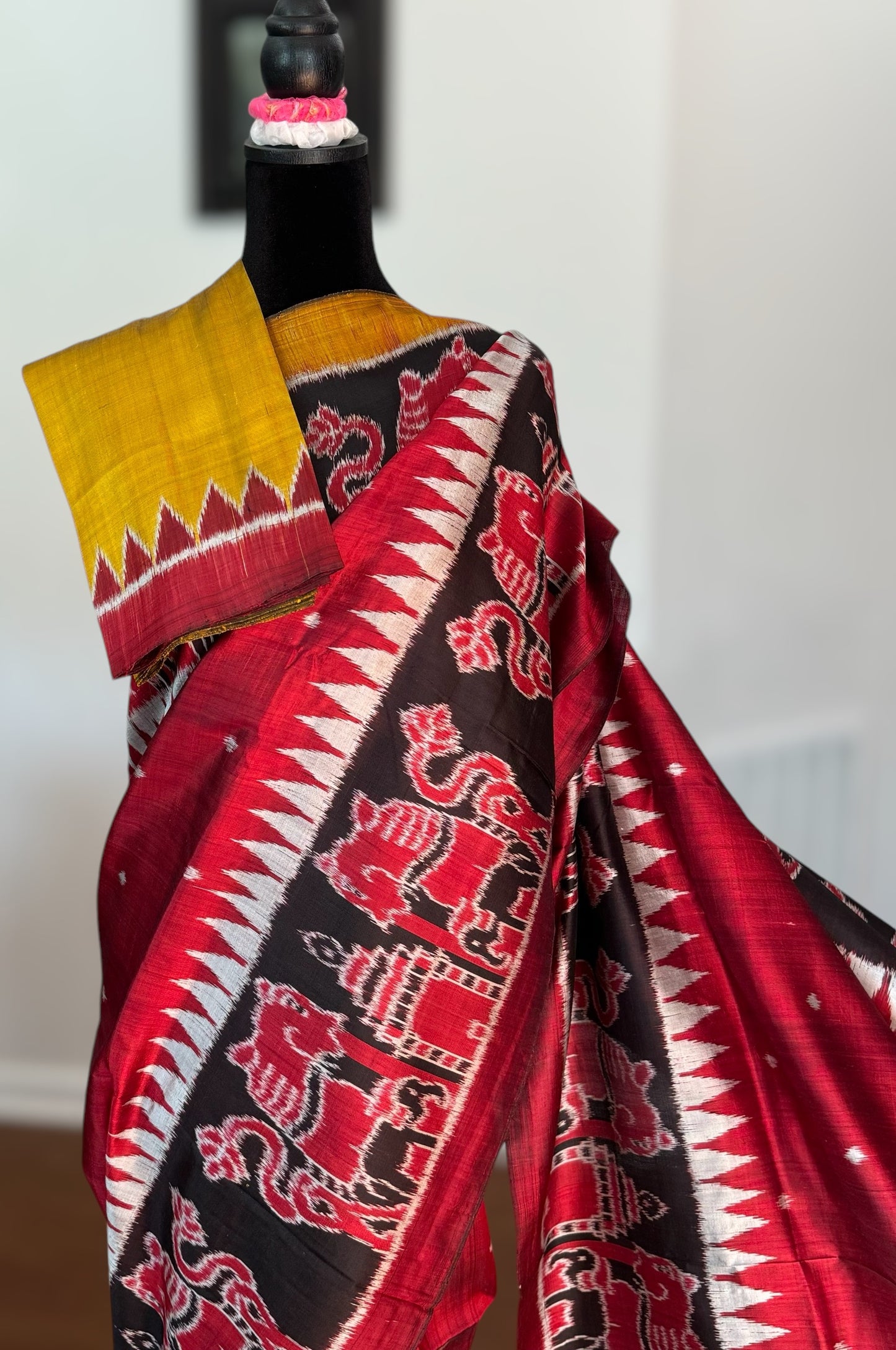 Maroon-ish Red Contemporary ikat pure silk Saree from Odisha weaves