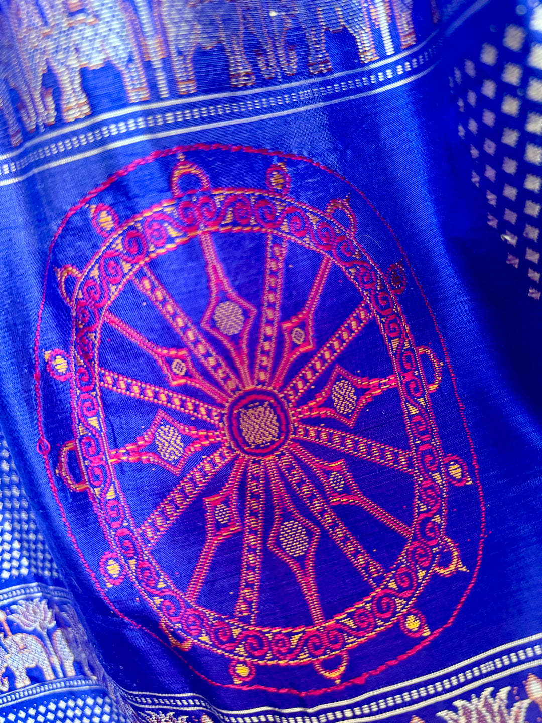 Konark theme Handwoven Bomkai Pure Silk Saree – Turquoise Blue with Royal Blue Pallu from Odisha Weaves